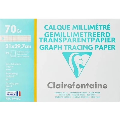 Abbildung von Clairefontaine 97952C Packung 12 Bögen Transparentpapier/Millimeterpapier, DIN A4 21x29,7 cm, 70/75g, ideal für technisches und kreatives Zeichnen, biologisch abbaubar, 1 Pack