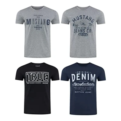 Abbildung von MUSTANG Herren T Shirt 4er Pack Frontprint O Neck Rundhalsausschnitt Kurzarm Regular Tee 100% Baumwolle Schwarz Weiß Grau Blau Grün, Größe:XXL, Farbe:Farbmix (P14)