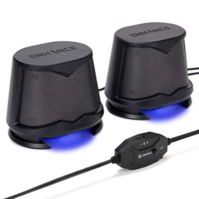Abbildung von ENHANCE SB2 Computer Lautsprecher, PC Lautsprecher mit Blauem LED Glimmlicht und 2.0 USB Stromversorgung 10 W Spitzenklang, Inline Lautstärkeregler Kompatibel Gaming Desktop, Laptop,