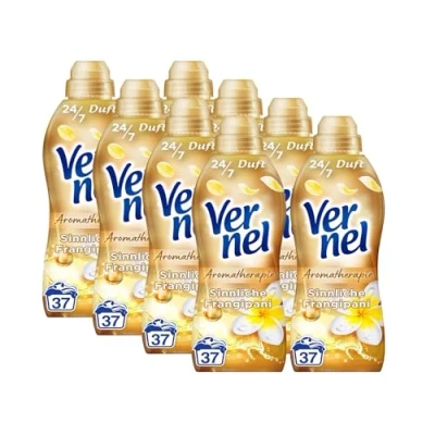 Abbildung von VERNEL Aromatherapie Sinnliche Frangipani Weichspüler 8x 37 WL (296 Waschladungen), langanhaltender Wäscheduft mit ätherischen Ölen für 24/7 Frische, recycelbare Flasche