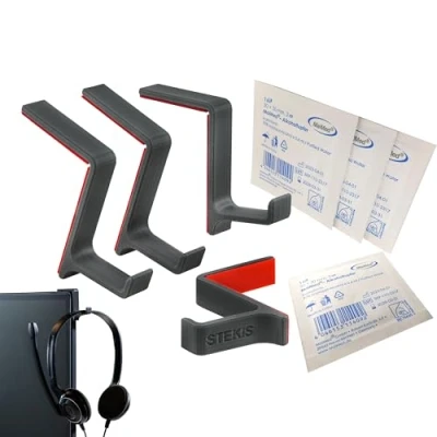 Abbildung von STEKIS Headset Halterung für Monitor 4 Stück Headsethalter Haken im kompakten Design mit Reinigungstuch Kopfhörer Bildschirm mehr Ordnung am PC Büro Arbeitsplatz