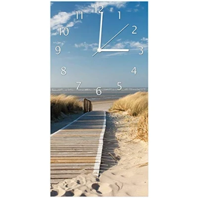 Abbildung von Wallario Design Wanduhr, Acrylglasuhr Größe 30 x 60 cm, weiße Zeiger, Motiv Auf dem Holzweg zum Strand
