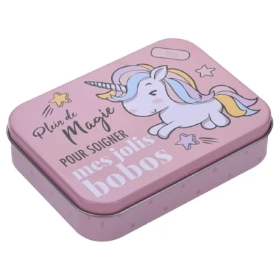 Abbildung von Unicorn Kinderpflaster Lizensiertes Produkt 3 Stück Metall Box 24 Pflaster Schönes Design Aufbewahrungsbox für Kinder Geeignet Rucksack Handtasche