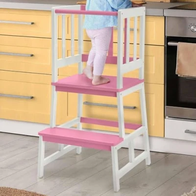 Abbildung von COSYLAND Lernturm für Kinder, FSC® Zertifiziertes Natürlicher Bambus, Stylisch Kippschutz Lernturm, Höchste Sicherheit, Montessori ab 1 Jahr Küche Tisch Bad (Weiß und Schwarz)
