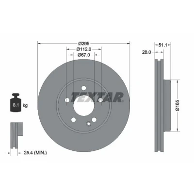 Abbildung von TEXTAR PRO 92254803 Bremsscheibe 295 28 05/06 112 innenbelüftet beschichtet ohne Radbefestigungsbolzen, Radnabe MERCEDES BENZ: A Klasse, B Klasse