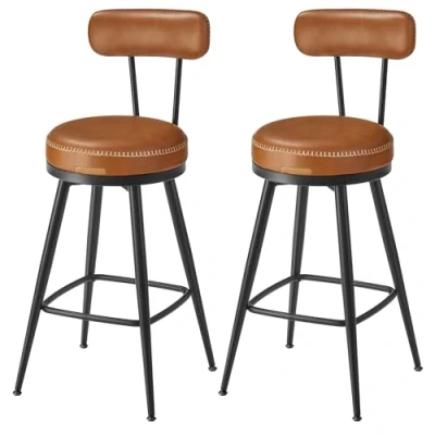 Abbildung von VASAGLE EKHO Kollektion 360 drehbarer Barhocker, 2er Set, Hocker mit Rückenlehne für Kücheninsel, Kunstleder Nähten, Mid Century Modern Stil, 65 cm hoch, Küche, Hausbar, karamellbraun LBC089K01