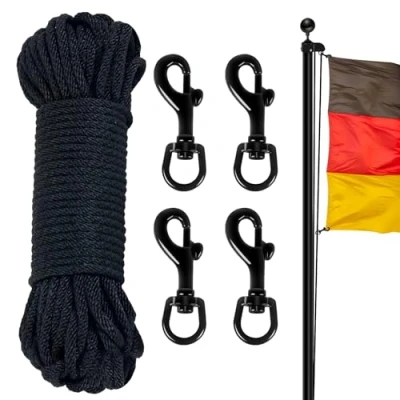 Abbildung von NQ 15M Fahnenmast Seil Wetterfest mit 4 Karabinerhaken, Nylon Flaggenseil für Haus Außenbereich, Zubehör Haken Flag Rope (Schwarz)