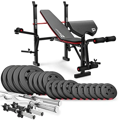 Abbildung von Hop Sport Hantelbank mit Gewichten HS 1055, klappbare Trainingsbank Curlpult, Butterfly und Beincurler Inkl. 38 kg 129,5 Hanteln Set