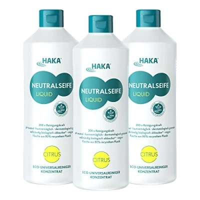 Abbildung von HAKA Neutralseife Liquid, Allzweckreiniger, Universalreiniger für den Haushalt und Auto, pH neutrales Reinigungsmittel, Konzentrat, Duft Citrus, 3x 1L