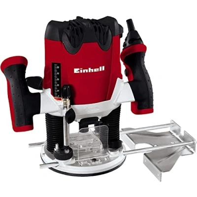 Abbildung von Einhell Oberfräse TE RO 1255 E (1200 W, Spannzange Ø 6 und 8 mm, 55 mm Hubhöhe, elektronische Drehzahlregulierung, Spindelarretierung, einfacher Werkzeugwechsel) Rot/Schwarz