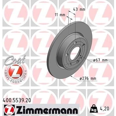 Abbildung von ZIMMERMANN 400.5539.20 Bremsscheibe 276 11 6/5 5 112 voll beschichtet MERCEDES BENZ: A Klasse, Klasse Limousine, CLA Coupe