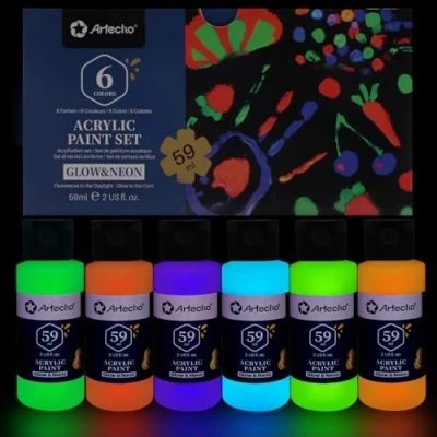 Abbildung von Artecho Fluoreszierende Farbe Leuchtfarbe 6x59 ml, Schwarzlicht Nachtleuchtend, Glow in The Dark Farbe, Leuchtet im Dunkeln nach dem Aufladen unter Direkten Lichtquellen.