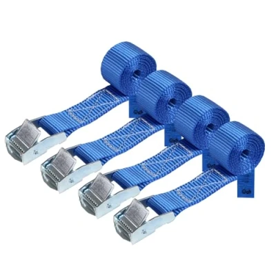 Abbildung von Zurrgurt Spanngurt belastbar bis 250 kg DIN EN 12195 2 Befestigungsgurt Klemmverschluss Befestigungsriemen blau verschiedene Längen Stückzahlen, 4er Pack 2.5 cm x 1 m