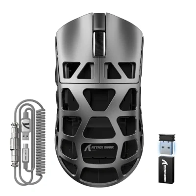 Abbildung von ATTACK SHARK R3PRO 46g Superlight Magnesiumlegierung Maus, 8000Hz Kabellose Abfragerate, 26000 DPI, 2,4G/BT/Kabelgebundene Gaming Mouse, PixArt PAW3395 Sensor G502, mit Spiralkabel, PC/Mac, Grau