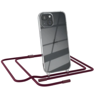Abbildung von EAZY CASE Handykette kompatibel mit iPhone 15 dünne Handyhülle für Hülle Band als Fallschutz Kette zum Umhängen transparente Silikon in Beere