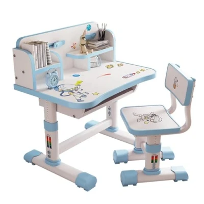 Abbildung von Kinder funktionelle Schreibtisch und Stuhl Set, höhenverstellbar Schule Studie Tabelle Set mit Cartoon Muster, ergonomische Schreibtischstuhl großen Schreibtafel, Bücherregal (Blau)