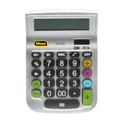 Abbildung von Idena 505292 Tischrechner TR 450, 12 stelliges Display, Batteriebetrieb, Solarbetrieb, Wurzelberechnung, Prozentrechnung, Speicherfunktion, silber