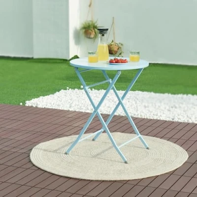 Abbildung von [en.casa] Gartentisch Sande Klapptisch 71 x Ø62 cm Balkontisch Stahl klappbar rund Himmelblau Outdoor Beistelltisch faltbar