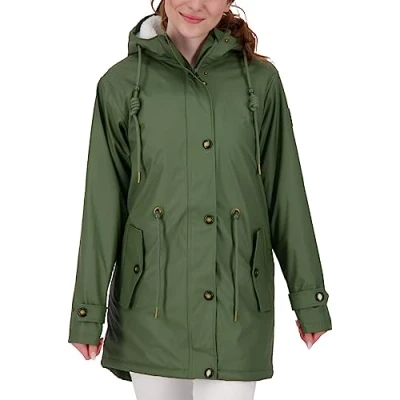 Abbildung von Ankerglut Damen Friesennerz Regenmantel Kapuze Wasserdicht Wetterfest Windbreaker mit Teddyfleece Regenjacke, Olive, 36