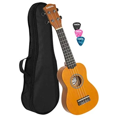 Abbildung von CASCHA Sopran Ukulele Set für Kinder und Erwachsene I Starter Kit mit 3 Plektren Tasche Aquila Saiten Nylon Kleine Hawaii Gitarre Anfänger Fortgeschrittene Gelb HH 3964