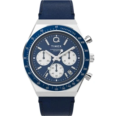 Abbildung von Timex Q Chronograph Herren Armbanduhr, 40 mm, blaues zweiteiliges Lederarmband mit Schnellverschluss, Zifferblatt, Edelstahlgehäuse TW2W51700