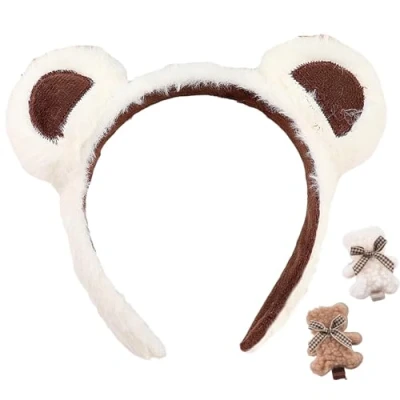 Abbildung von Teddybär Ohren Stirnband, 1/2/4 Stück flauschige braune Ohren, Stirnbänder für Erwachsene und Kinder, mit 2 Bären Clips (weiß)