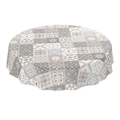 Abbildung von ANRO Tischdecke Wachstuch abwaschbar Wachstuchtischdecke Wachstischdecke Kacheloptik Fliese Beige Grau Blau Rund 140cm