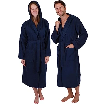 Abbildung von Betz Baumwolle Bademantel mit Kapuze für Herren und Damen Saunabademantel langer Saunamantel Farbe dunkelblau Größe L/XL FULDA