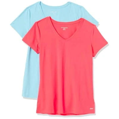 Abbildung von Amazon Essentials Damen Tech Stretch T Shirt mit kurzen Ärmeln und V Ausschnitt (erhältlich in Übergröße), 2er Pack, Blau/Neonrosa, XXL