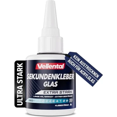 Abbildung von Sekundenkleber Gel Glas extra stark Glaskleber transparent wasserfest, hitzebeständig &amp; mit Nadel Verschluss gegen Austrocknung Kleber zum Verkleben von Acrylglas aller Art