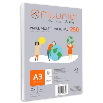 Abbildung von Packung mit 250 weißen DIN A3 Blättern, 250g Druckerpapier. Multifunktionales Kopierpapier für Schule und Büro. Ideal Laserdrucker, Tintenstrahldrucker oder Kopierer Ofituria