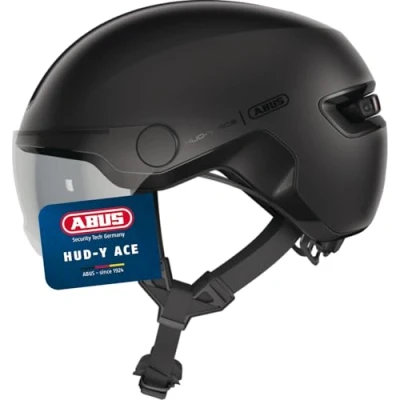 Abbildung von ABUS Stadthelm HUD Y ACE stylischer Fahrradhelm mit Visier und magnetischem, aufladbarem LED Rücklicht für Damen Herren Schwarz, Größe L