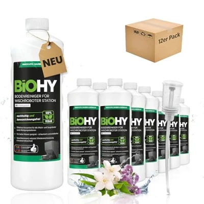 Abbildung von BiOHY Bodenreiniger für Wischroboter Station mit Frühlingsduft (12 x 1 Liter) + Dosierer Reinigungsmittel Konzentrat alle Wisch &amp; Saugroboter Nass Funktion Schaumarm Streifenfrei