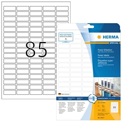 Abbildung von HERMA 10917 Power Etiketten, 800 Blatt, 37 x 13 mm, 85 pro A4 Bogen, 68000 Stück, selbstklebend, bedruckbar, extrem stark haftend, blanko Papier Klebeetiketten Aufkleber, weiß