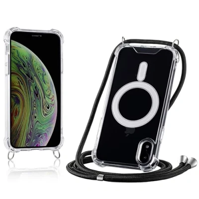 Abbildung von JProtect Magnetische Handykette für iPhone XR Magsafe Hülle/iPhone Hülle mit Band zum Umhängen Schwarz Kordel/Kette Handyhülle Magnet