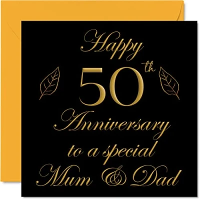Abbildung von Stuff4 Goldfarbene Jahrestagskarte für Vater, Mutter, Eltern besondere Mama &amp; Papa Happy 50th Wedding Anniversary Cards from Son Daughter Family, 145 mm x Grußkarten zum 50. Jahrestag