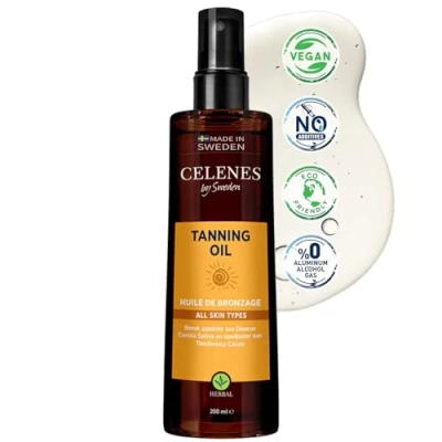 Abbildung von Celenes by Sweden Kräuter Bräunungsöl Für alle Hauttypen, Natürliche Bräune, Feuchtigkeitsspendend mit Kakao, Karotin &amp; Vitamin E, 200 ml Parabenfrei Alkoholfrei