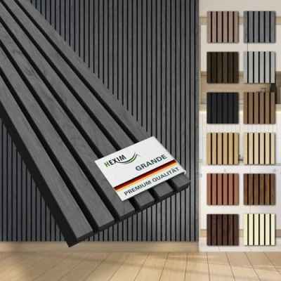 Abbildung von HEXIM Lamellen Grande 280cm Akustikpanelee XXL Wandpaneele 21mm Schalldämmung Echtholzfurnier Akustikfilz Lamellenwand Grau (1 Musterstück/Grey Ash)