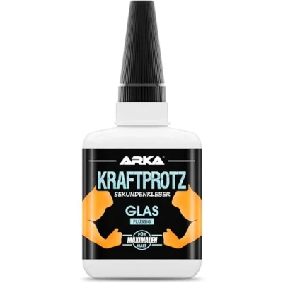 Abbildung von 50 g Sekundenkleber für Glas &amp; Spiegel extra stark Glaskleber transparent wasserfest, hitzebeständig Verschluss gegen Austrocknung zum Verkleben von Acrylglas aller Art ARKA Kraftprotz