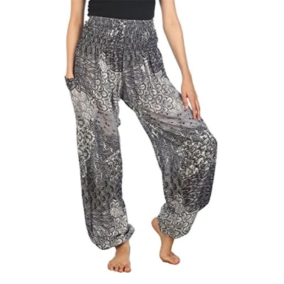 Abbildung von Lofbaz Damen Boho Haremshose Festival Outfit Sommerhose Leicht Yogahose Pumphose Hippie Hose Kleidung Sommer Hosen Peacock 3 Schwarz B M