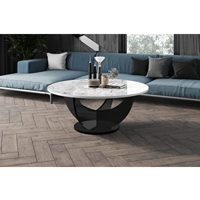 Abbildung von Design Couchtisch HRC 111 Hochglanz Wohnzimmertisch Highgloss Rund Tisch ?100 cm x 40 cm, Farbe:Marmoroptik Schwarz