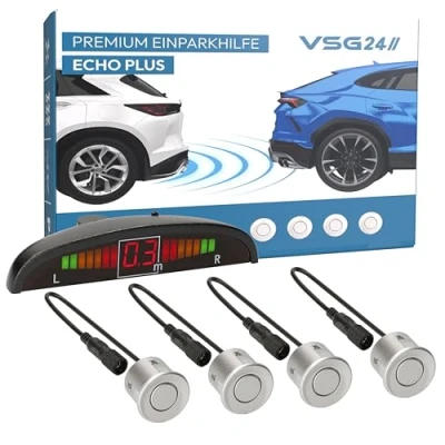 Abbildung von VSG24 Premium Einparkhilfe hinten mit Display zum nachrüsten am Auto, PDC Parksensoren Stecksystem für einfachste Montage 4 Rückfahrwarner Sensoren Parkhilfe Nachrüstsatz Silber