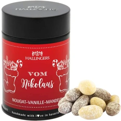 Abbildung von Hallingers Vom Nikolaus Nougat schokolierte Vanille Mandeln handgemacht (Dose) Geschenkideen Weihnachten &amp; Geschenke Glückwunsch Freundschaft Genesung