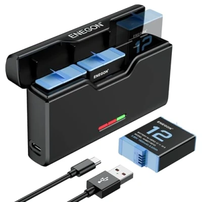 Abbildung von ENEGON Hero 12 11 10 9 Akku (1800mAh 3 Pack) und Kanal USB LCD Batterieladegeräte voll Kompatibel mit 11, Hero10, (3X Akkus+1x Ladegerät,Schwarz)
