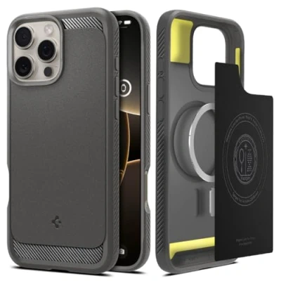 Abbildung von Spigen Rugged Armor MagFit Hülle für iPhone 16 Pro, Kompatibel mit MagSafe Zubehör Grau