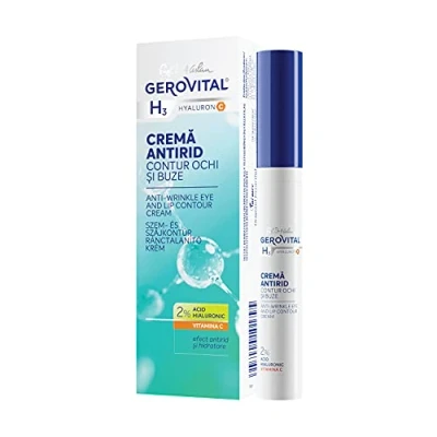 Abbildung von Anti Falten Augen und Lippencreme mit Hyaluronsäure, Vitamin C E, spendet der Haut Feuchtigkeit, beugt Mimikfalten vor mindert sie, 15 ml, Gerovital H3 Hyaluron