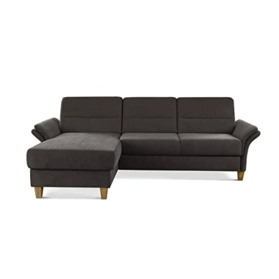 Abbildung von CAVADORE Eckcouch Wyk mit Federkern / Ecksofa im Landhaus Stil Longchair und Holzfüßen 252 x 90 162 Chenille, Braun