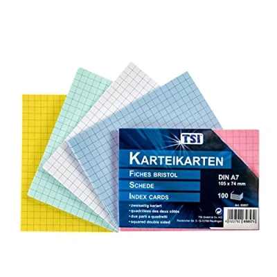 Abbildung von TSI Karteikarten farbig sortiert, 100er Packung, kariert, Größe: DIN A7 (105 x 74 mm), Art. Nr. 65857