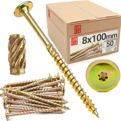 Abbildung von Lun Fix Tellerkopfschrauben 8x100 mm 50 Stück TX40 Tellerkopf/Fräsrippen Gelb Verzinkt Torx Schrauben Holzschrauben Flachkopfschrauben Holz Konstruktionsschrauben