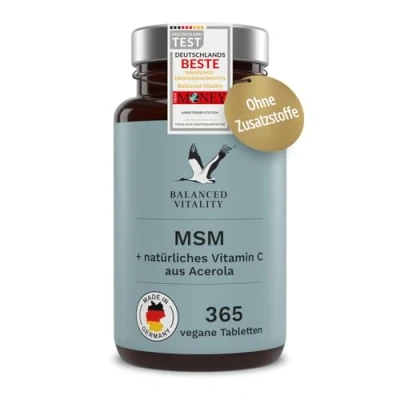 Abbildung von MSM + Vitamin C 2000mg Methylsulfonylmethan natürliches (Acerola) 365 vegane Tabletten für 6 Monate ohne Zusatzstoffe laborgeprüft Balanced Vitality